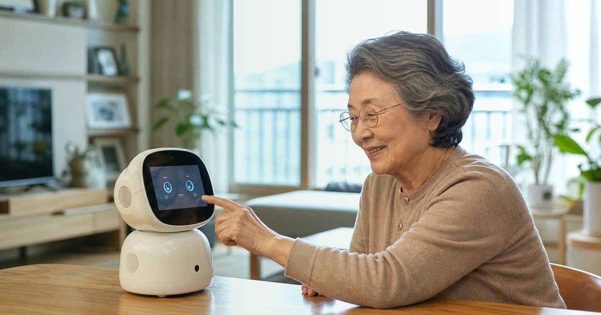 스마트폰 서툰 어르신 돌봄로봇 처음 맞추는 실행 순서, 음성 안내와 큰 버튼 확인 관련 실사형 돌봄로봇 이미지